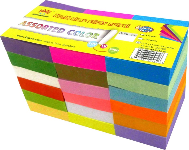 4A Sticky Notes,1 3/8 x 1 7/8 Inches,Small Size,The Adhesive On Longer Side,Neon Assorted,Self-Stick Notes,18 Colors,100 Sheets/Pad,18 Pads/Pack,4A 354818 - Image 1
